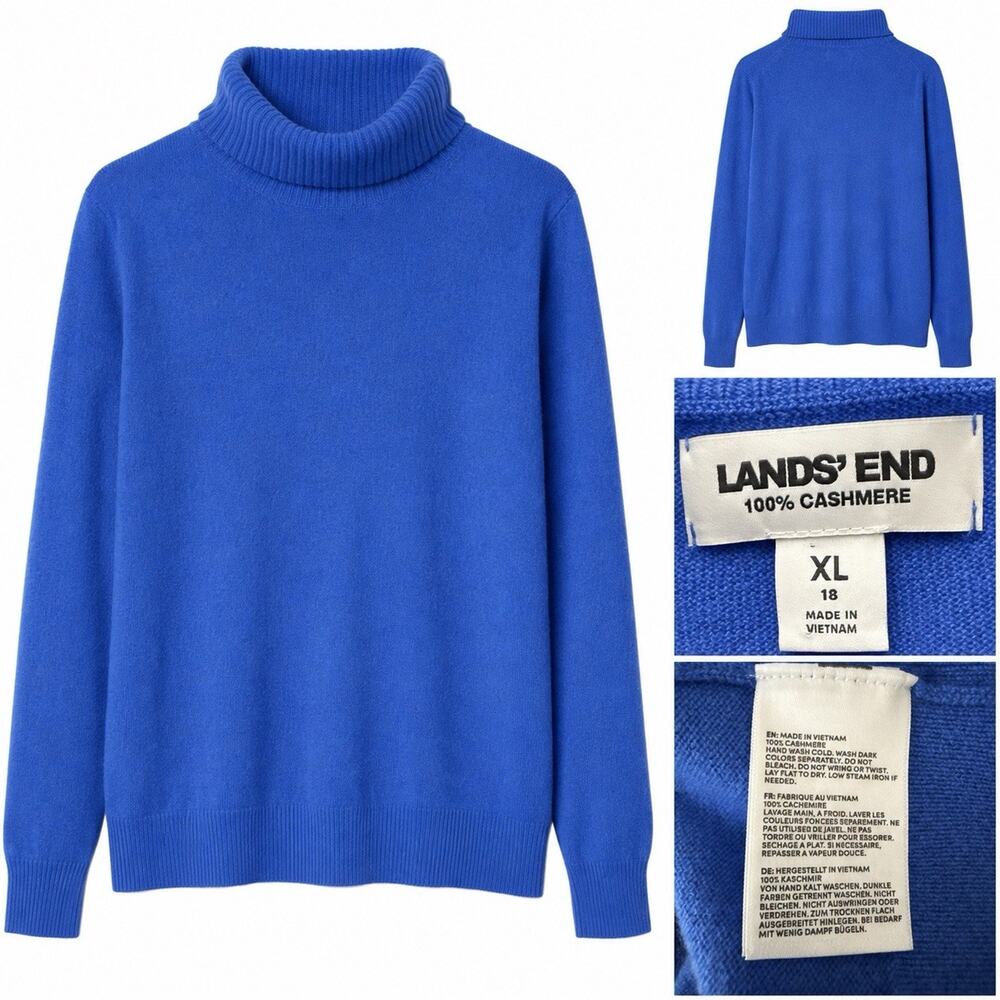 Landsโ End Womenโs XL 18 Blue 100% Cashmere Turtleneck Sweater